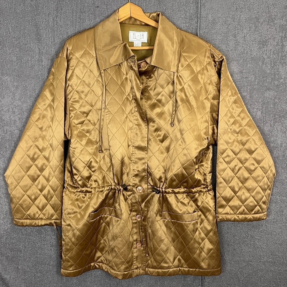 NEW EL·LA Design Gold Silk Quilted Jacket Size L Women's Luxe Old Money‎ Retro